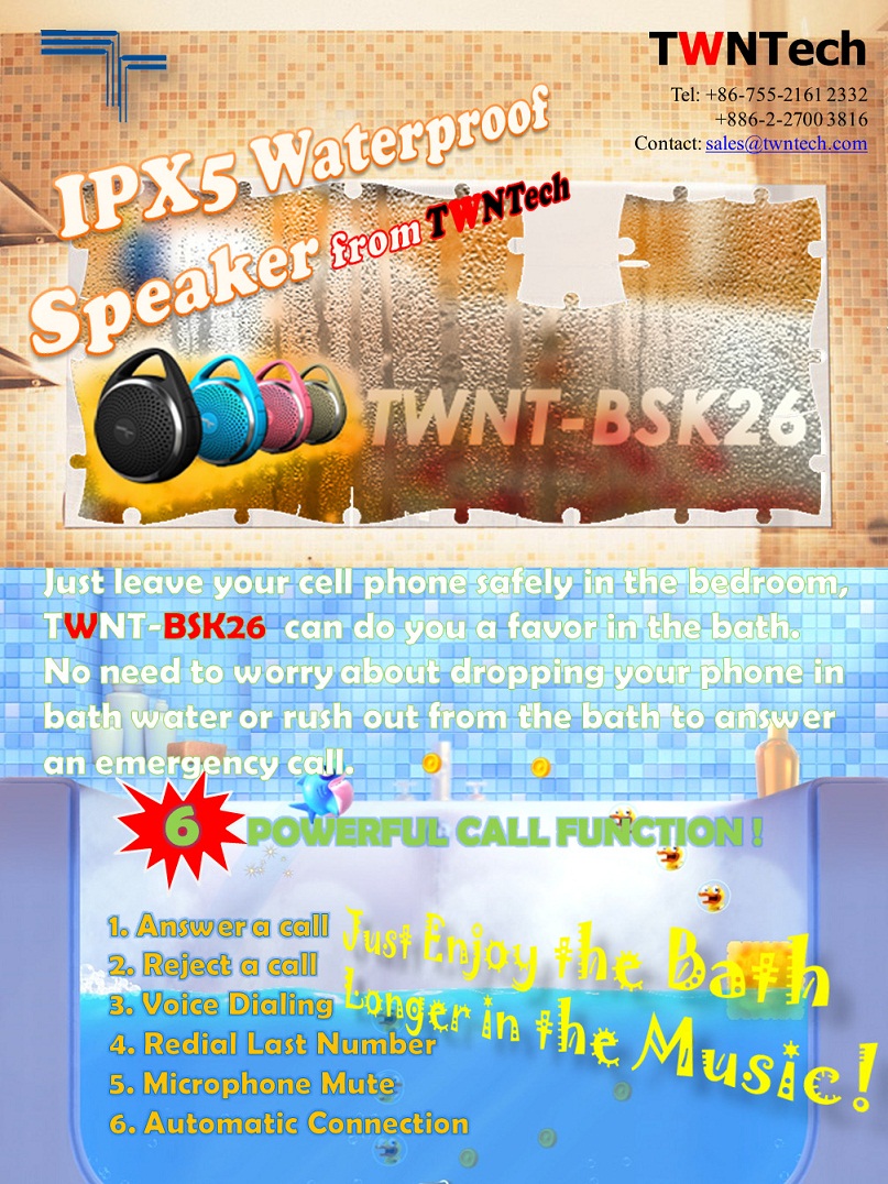 Waterproof Bluetooth Speaker TWNT-BSK26 -- Just Enjoy the Bath
