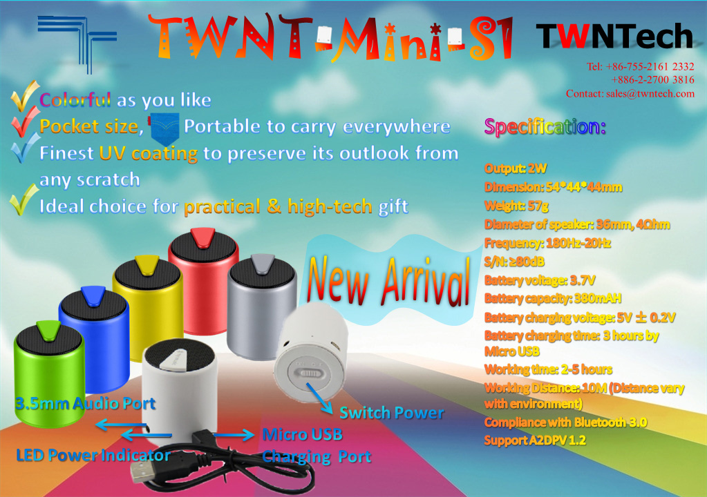 Pocket Size Colorful Mini Bluetooth Speaker -- TWNT-Mini-S1