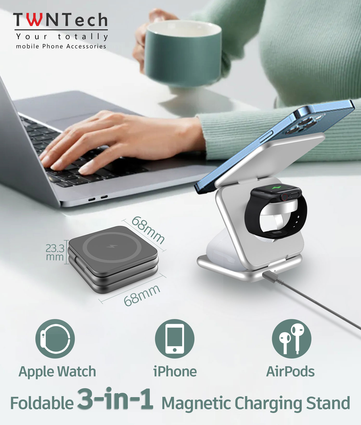 TWNTech-X40 Foldable 3-in-1 Magnetic Charging Stand！High-Quality Aluminum & Sandblasting Finish！！